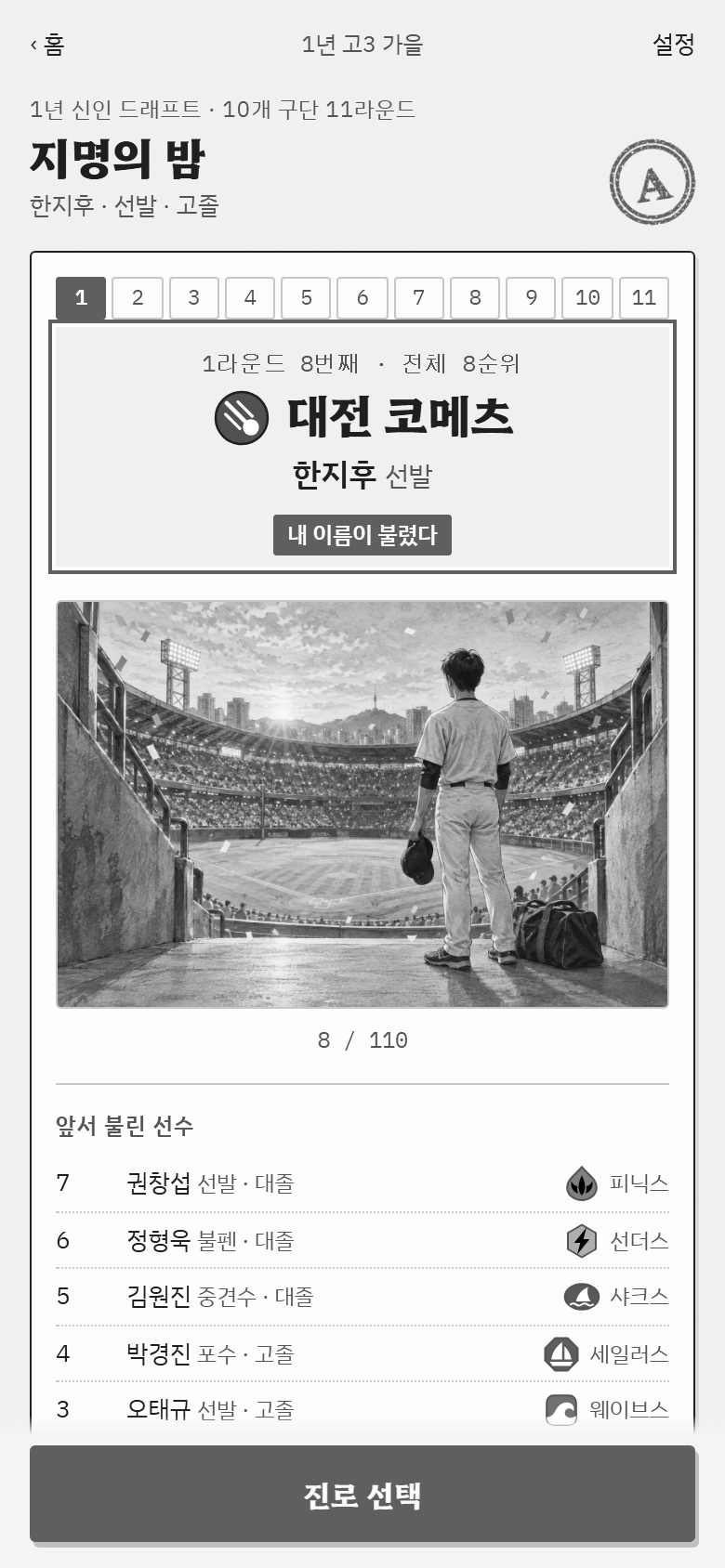 신인 드래프트 「지명의 밤」 화면입니다. 1라운드 전체 8순위로 가상 구단 대전 코메츠가 한지후를 지명했다는 알림과 야구장을 바라보는 선수 그림, 앞서 불린 선수 목록이 있습니다.