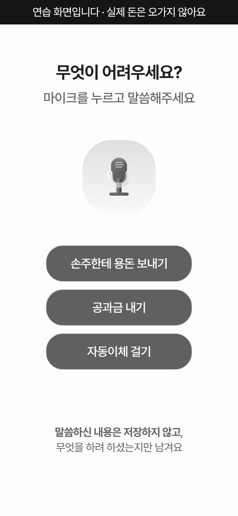 시니어 연습의 첫 화면입니다. 「무엇이 어려우세요? 마이크를 누르고 말씀해주세요」 아래에 마이크 단추와 예시 세 개(손주한테 용돈 보내기, 공과금 내기, 자동이체 걸기)가 있습니다.